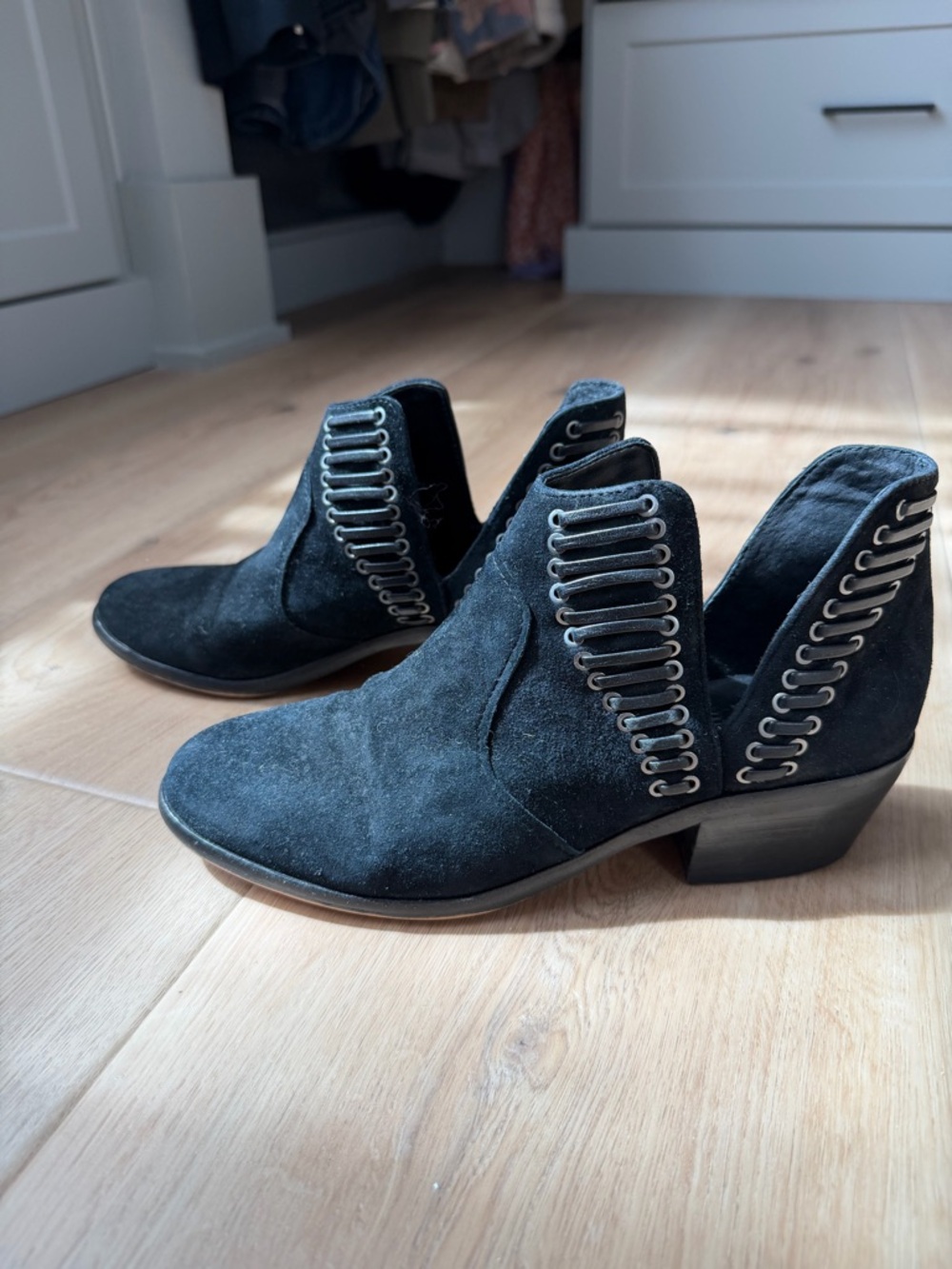 Vince Camuto Black Suede Cutout Ankle Booties with Metal Eyelet Trim